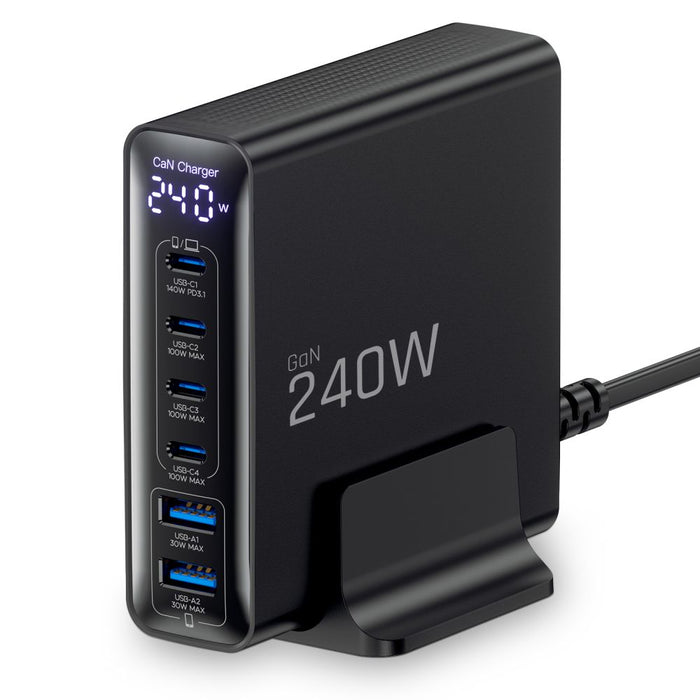 Зарядна станция Tech-Protect DC240W-GaN, 6 порта, 4 x USB-C, 2 x USB-A, 240W QC3.0 - Черна