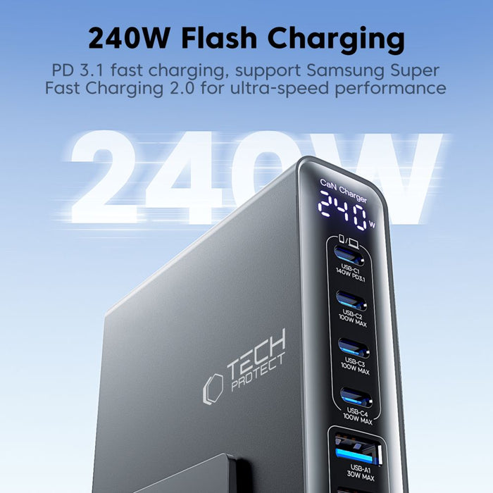 Зарядна станция Tech-Protect DC240W-GaN, 6 порта, 4 x USB-C, 2 x USB-A, 240W QC3.0 - Черна