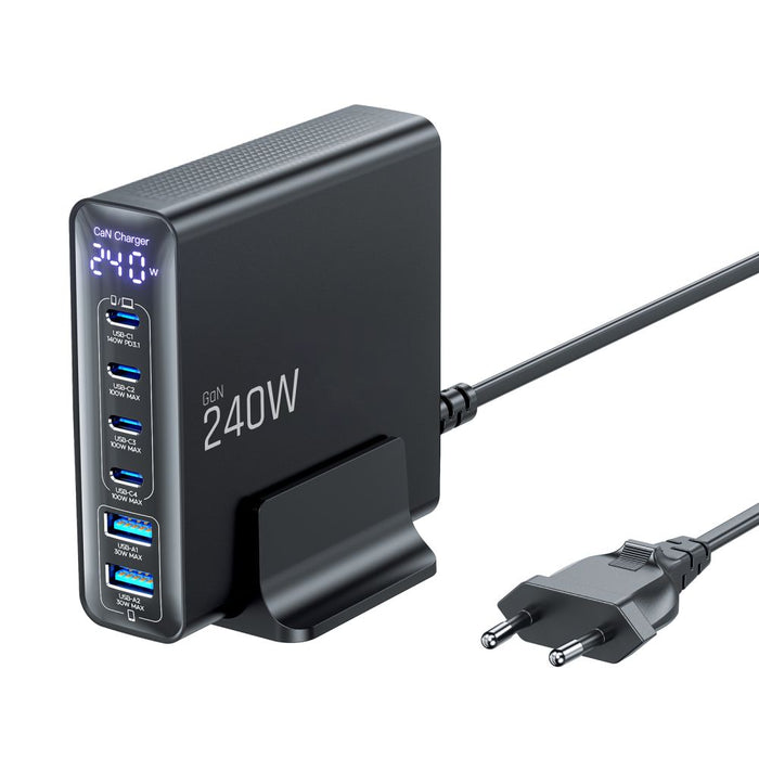Зарядна станция Tech-Protect DC240W-GaN, 6 порта, 4 x USB-C, 2 x USB-A, 240W QC3.0 - Черна