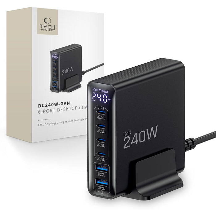 Зарядна станция Tech-Protect DC240W-GaN, 6 порта, 4 x USB-C, 2 x USB-A, 240W QC3.0 - Черна