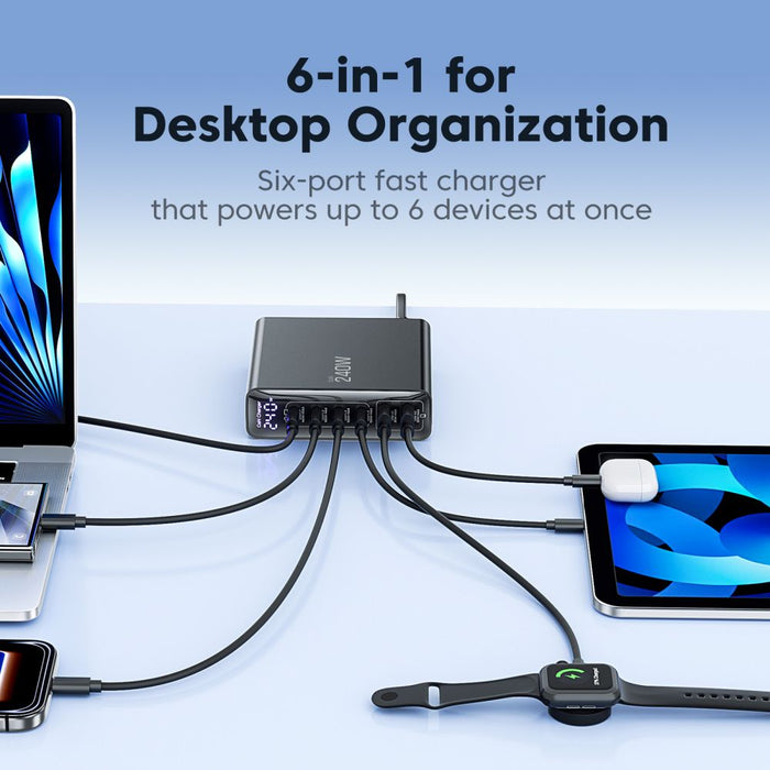 Зарядна станция Tech-Protect DC240W-GaN, 6 порта, 4 x USB-C, 2 x USB-A, 240W QC3.0 - Черна