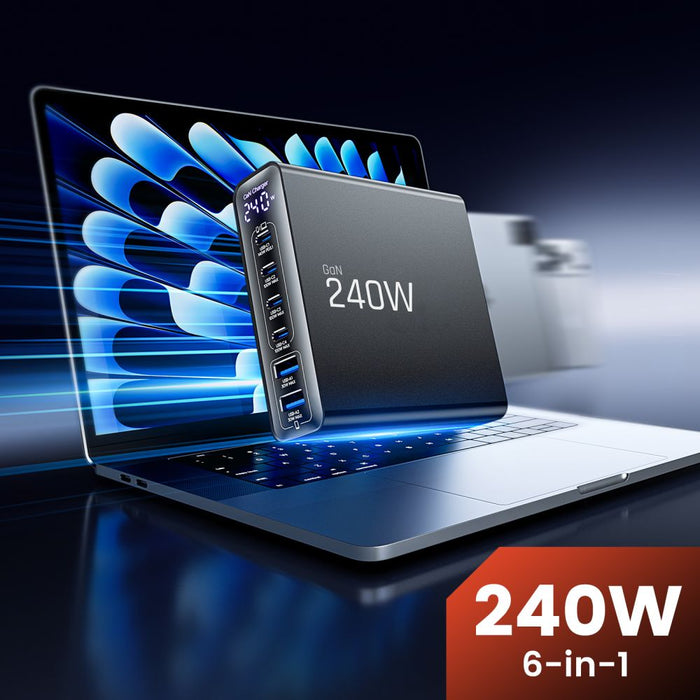 Зарядна станция Tech-Protect DC240W-GaN, 6 порта, 4 x USB-C, 2 x USB-A, 240W QC3.0 - Черна