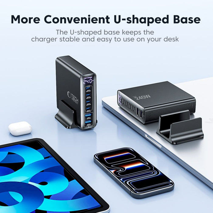 Зарядна станция Tech-Protect DC240W-GaN, 6 порта, 4 x USB-C, 2 x USB-A, 240W QC3.0 - Черна