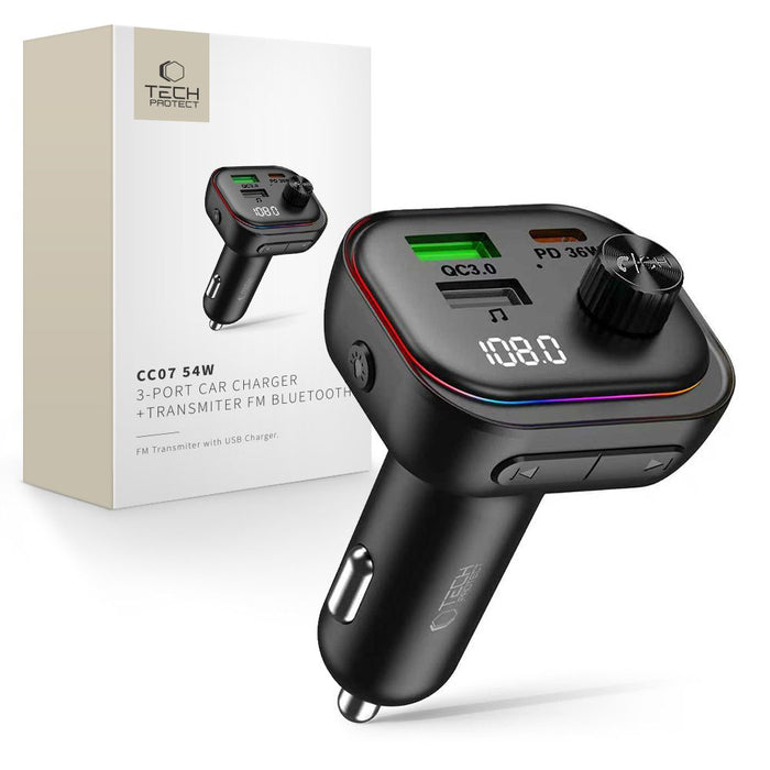 Tech-Protect CC07 3-портово PD 54W зарядно за кола + Bluetooth FM трансмитер - черно