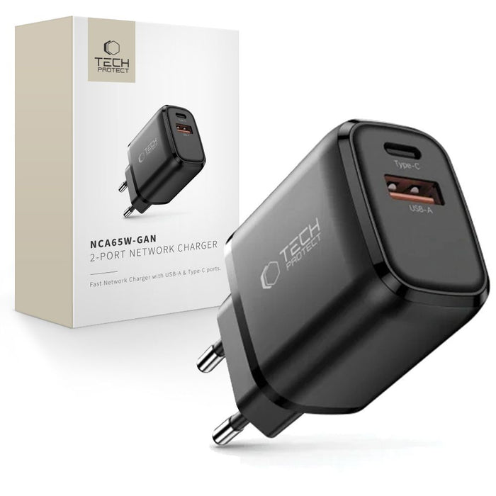 Tech-Protect NCA65W-GAN PD 65W / QC3.0 2-портово зарядно за стена - черно