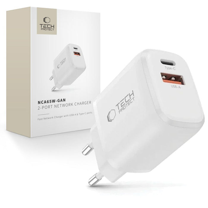 Tech-Protect NCA65W-GAN 2-портово зарядно за стена PD 65W / QC3.0 - бяло