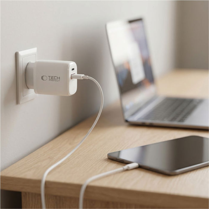 Tech-Protect NCA65W-GAN 2-портово зарядно за стена PD 65W / QC3.0 - бяло