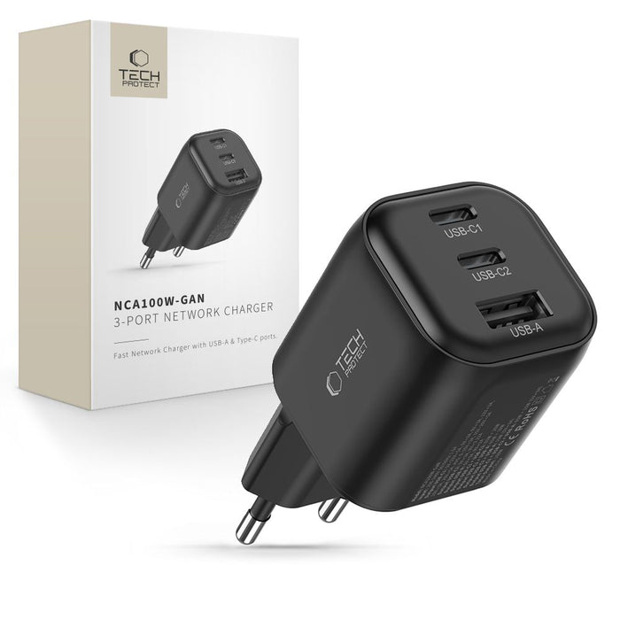 Зарядно за стена Tech-Protect NCA100W-GaN PD 3.2 100W / QC3.0 - черно