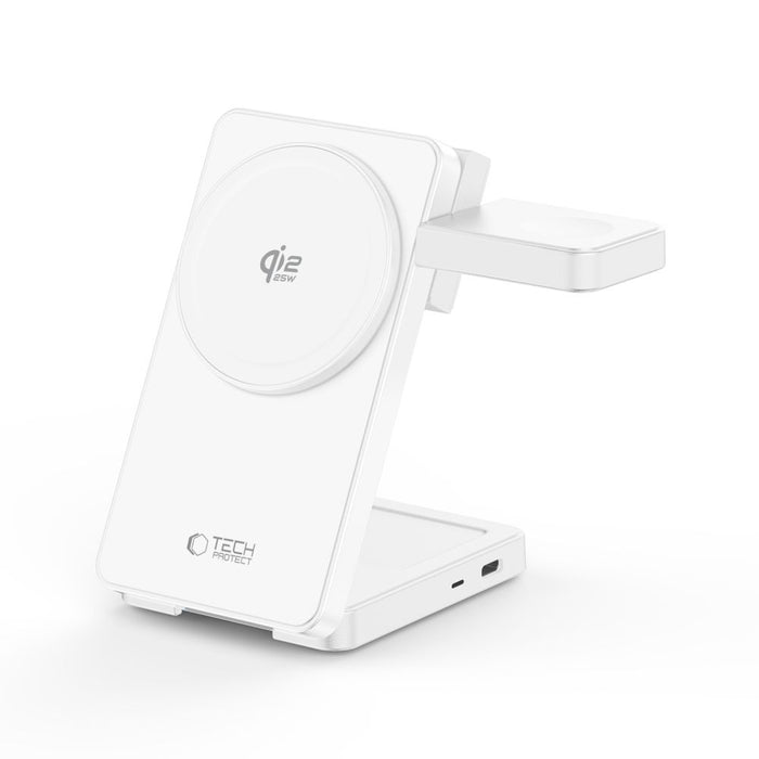 Tech-Protect A56 3в1 MagSafe 25W QI2.2 безжично зарядно + USB-C / USB-C кабел 100 см - бяло