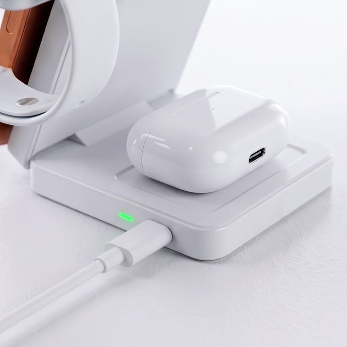 Tech-Protect A56 3в1 MagSafe 25W QI2.2 безжично зарядно + USB-C / USB-C кабел 100 см - бяло