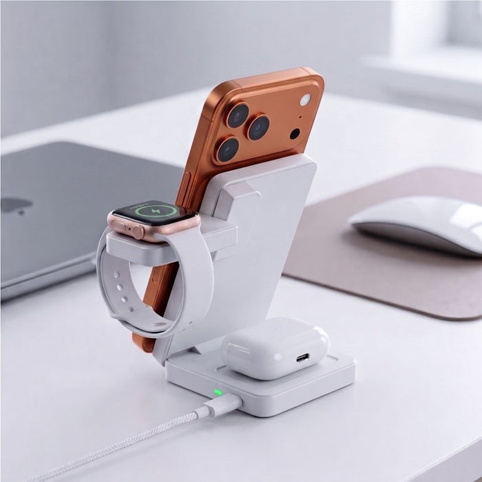 Tech-Protect A56 3в1 MagSafe 25W QI2.2 безжично зарядно + USB-C / USB-C кабел 100 см - бяло