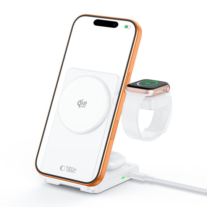 Tech-Protect A56 3в1 MagSafe 25W QI2.2 безжично зарядно + USB-C / USB-C кабел 100 см - бяло