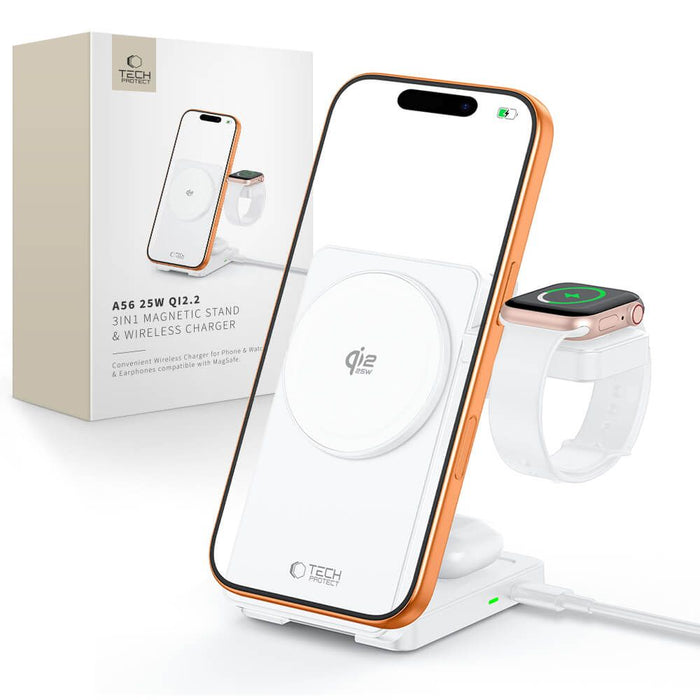 Tech-Protect A56 3в1 MagSafe 25W QI2.2 безжично зарядно + USB-C / USB-C кабел 100 см - бяло