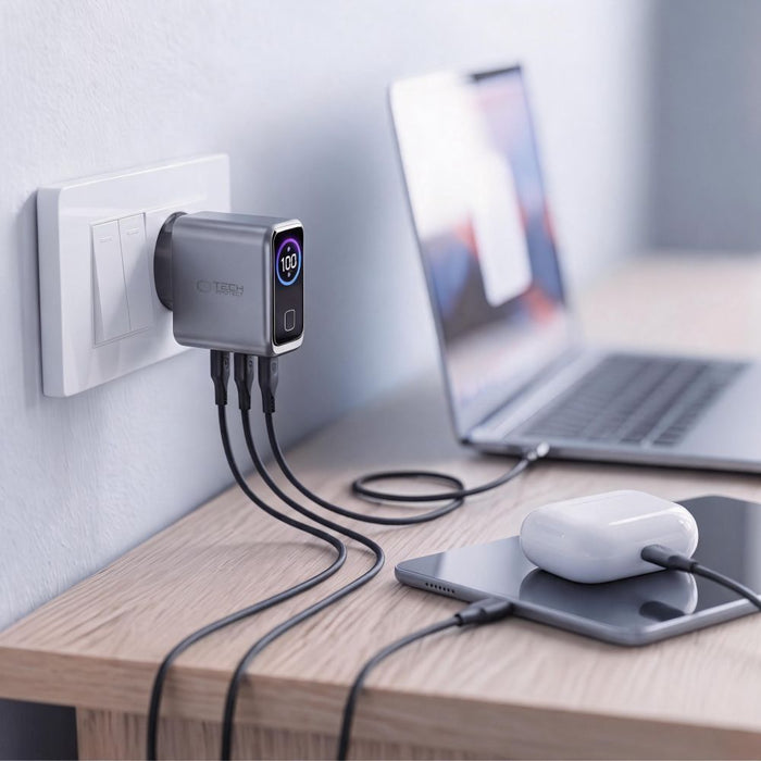 Зарядно за стена Tech-Protect PowerVision NC100W-GaN с 3 порта PD 100W / QC3.0 - тъмносиво