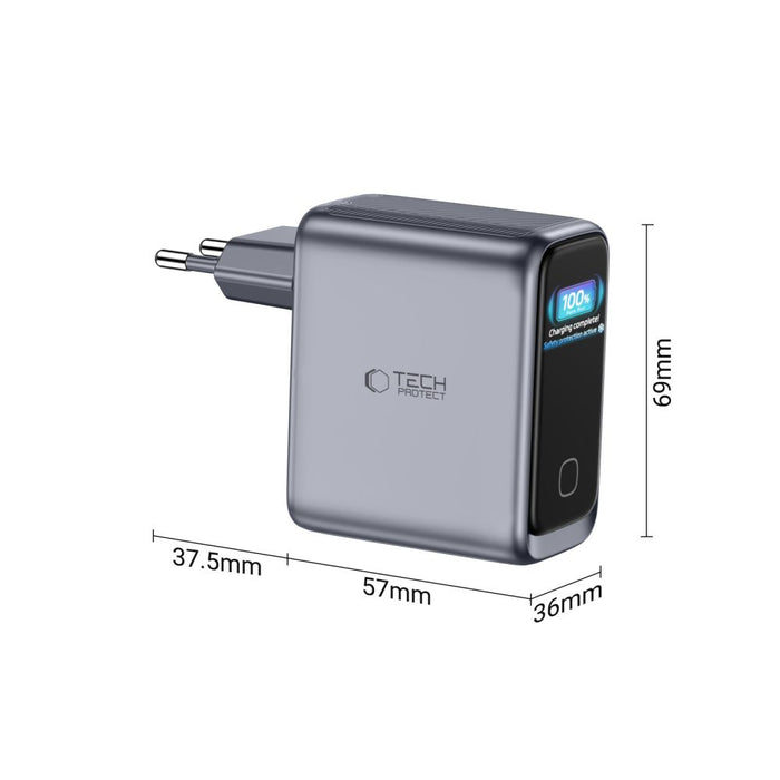 Зарядно за стена Tech-Protect PowerVision NC100W-GaN с 3 порта PD 100W / QC3.0 - тъмносиво