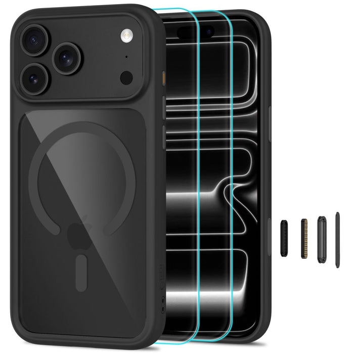 Tech-Protect MagOne CC MagSafe калъф + закалено стъкло (2 броя) за iPhone 18 Pro / 17 Pro - прозрачен черен