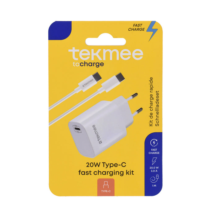 АДАПТЕР 20W С КАБЕЛ 1M USB-C БЯЛ TEKMEE