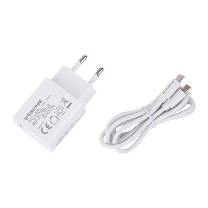 АДАПТЕР 20W С КАБЕЛ 1M USB-C БЯЛ TEKMEE