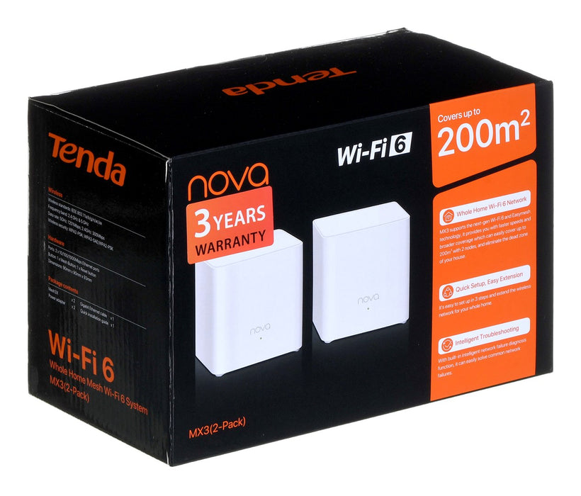 Tenda MX3 (2-PACK) mesh wi-fi система Двубандова (2.4 GHz / 5 GHz) Wi-Fi 6 (802.11ax) Бяла 1 Вътрешна