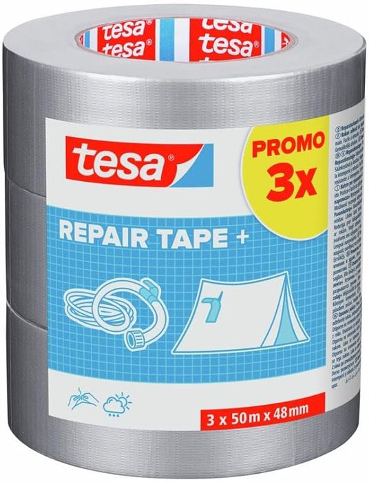 Универсална хоби лента Tesa - Repair Tape+, 50 m х 48 mm, сива, 3 броя