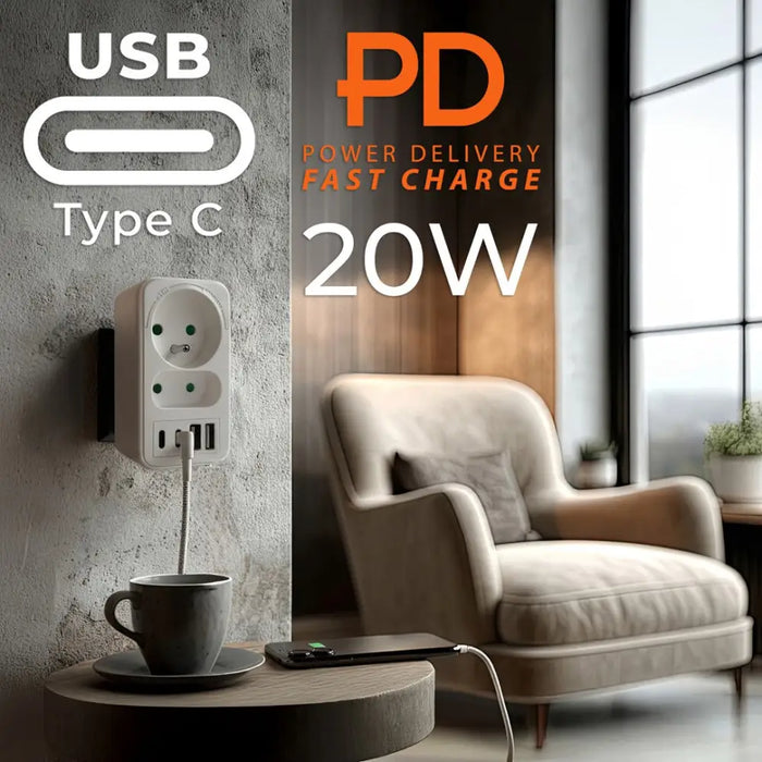 Токов контакт x2 + 4xUSB Maclean разклонител с 2 контакта
