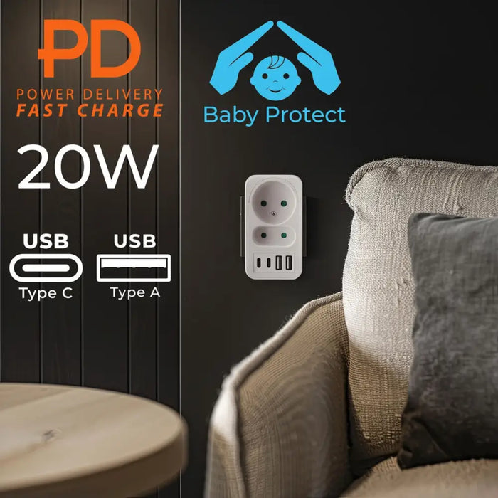 Токов контакт x2 + 4xUSB Maclean разклонител с 2 контакта