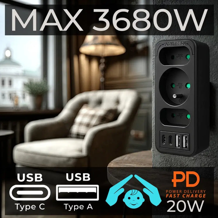 Токов контакт x3 + 4xUSB Maclean разклонител с 3 гнезда