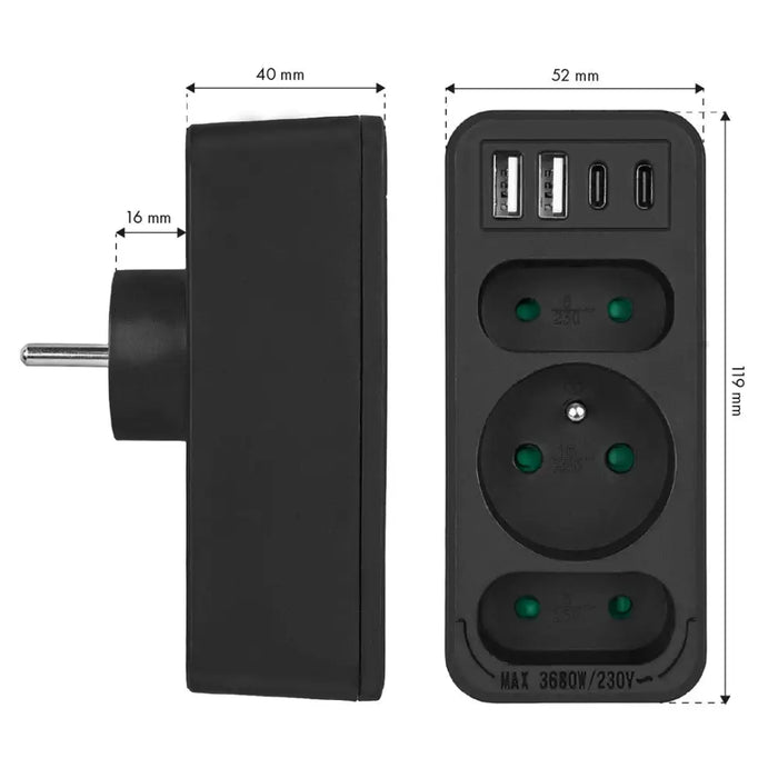 Токов контакт x3 + 4xUSB Maclean разклонител с 3 гнезда