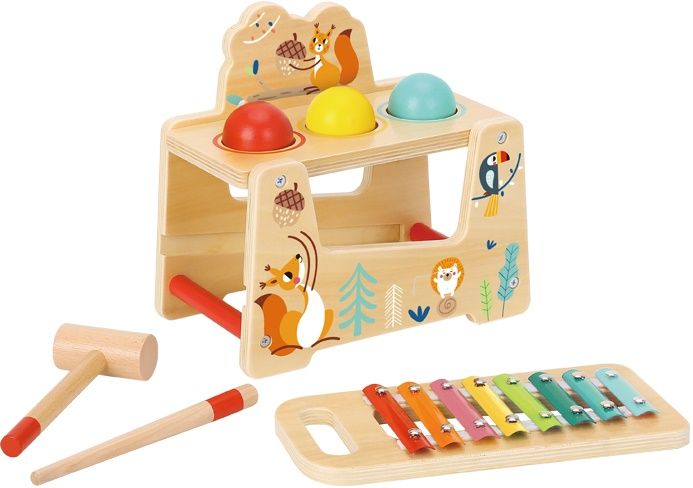 Дървена играчка Tooky Toy - Ксилофон с топки и чукче, Горски свят