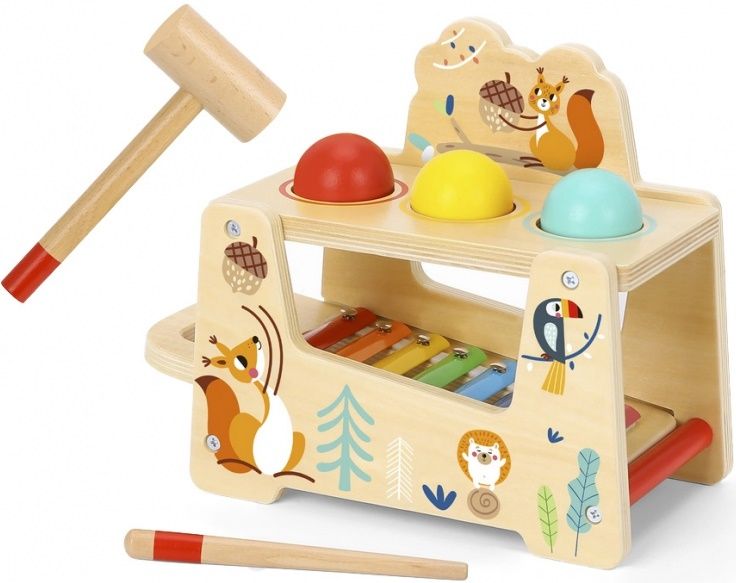 Дървена играчка Tooky Toy - Ксилофон с топки и чукче, Горски свят