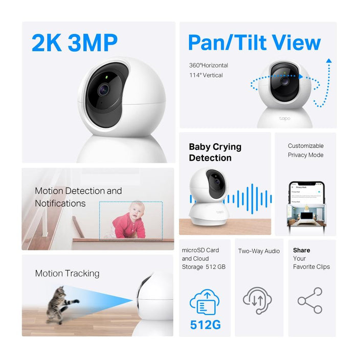 Охранителна WiFi камера TP-Link Tapo C210P2, 360&deg;, Pan/Tilt - 2 Броя