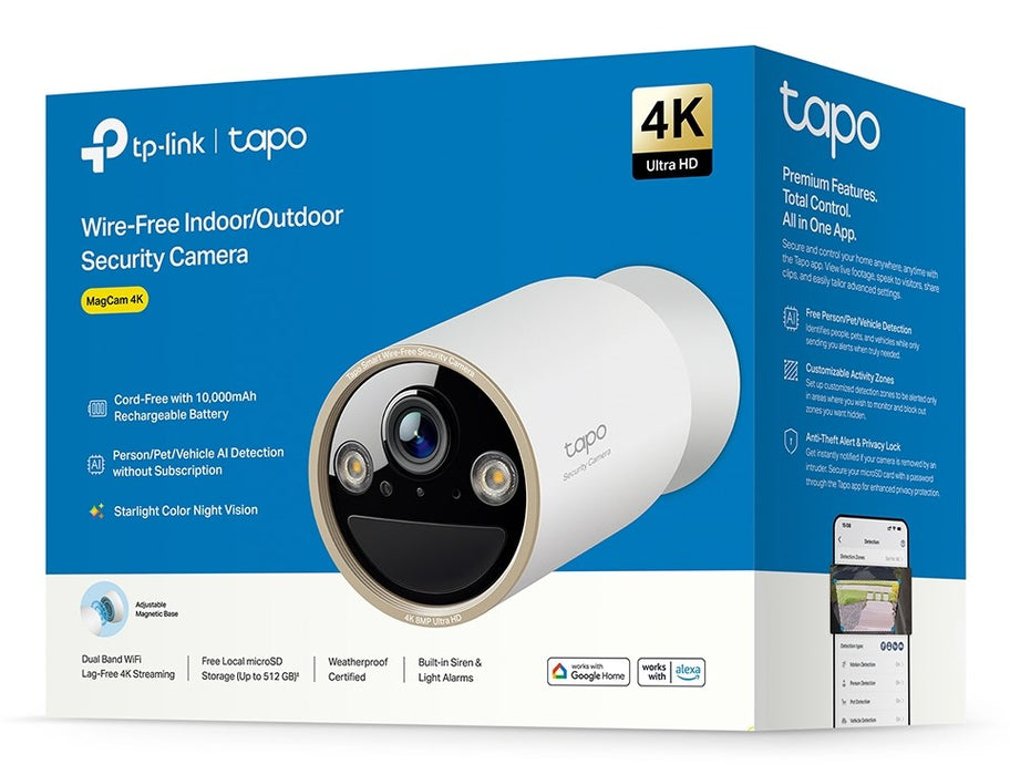 TP-Link Tapo безжична вътрешна/външна охранителна камера СПЕЦИФИКАЦИИ: 4K UHD (3840x2160), поддръжка на H.265/H.264, 16x UHD цифрово увеличение, 2.4/5 GHz двубандов Wi-Fi, акумулаторна литиево-йонна батерия 10000mAh