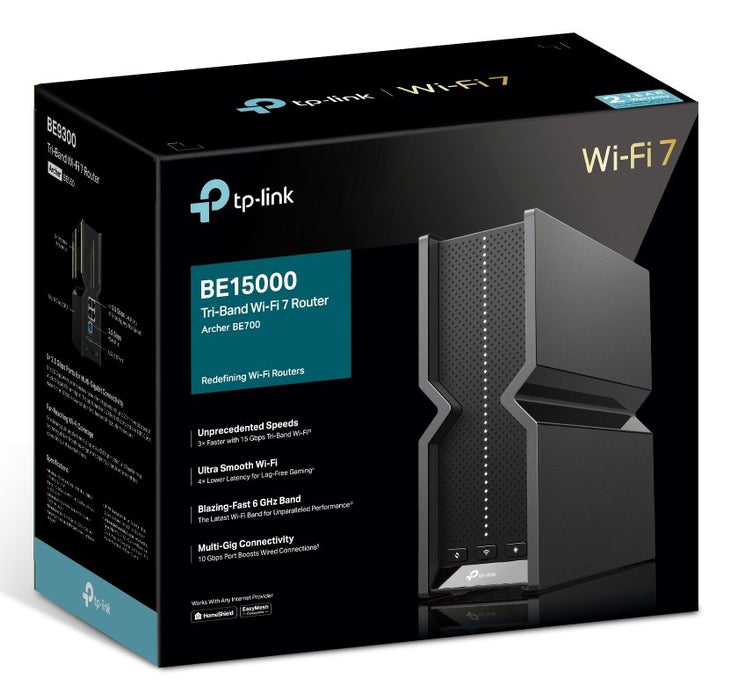 Безжичен рутер TP-Link Archer BE700, мултигигабитов Ethernet, трибандов (2.4 GHz / 5 GHz / 6 GHz), черен