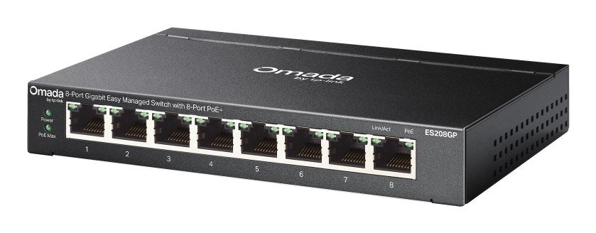 Мрежов комутатор TP-Link Omada ES208GP, управляем L2 Gigabit Ethernet (10/100/1000), захранване през Ethernet (PoE), DIN шина, черен