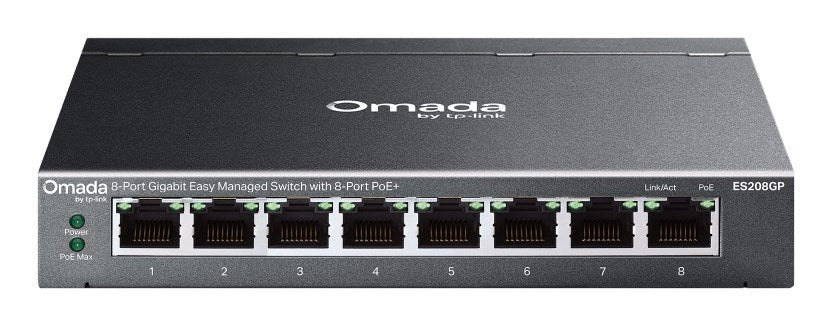 Мрежов комутатор TP-Link Omada ES208GP, управляем L2 Gigabit Ethernet (10/100/1000), захранване през Ethernet (PoE), DIN шина, черен