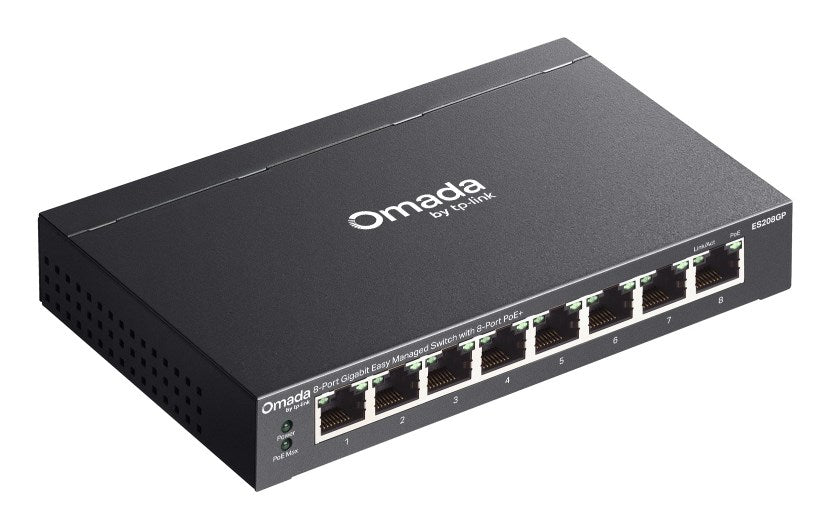 Мрежов комутатор TP-Link Omada ES208GP, управляем L2 Gigabit Ethernet (10/100/1000), захранване през Ethernet (PoE), DIN шина, черен