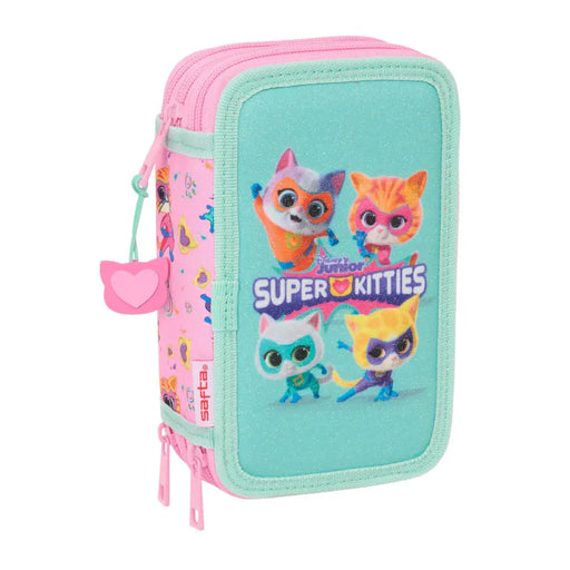 Троен несесер за моливи SuperKitties Розов цвят тюркоаз