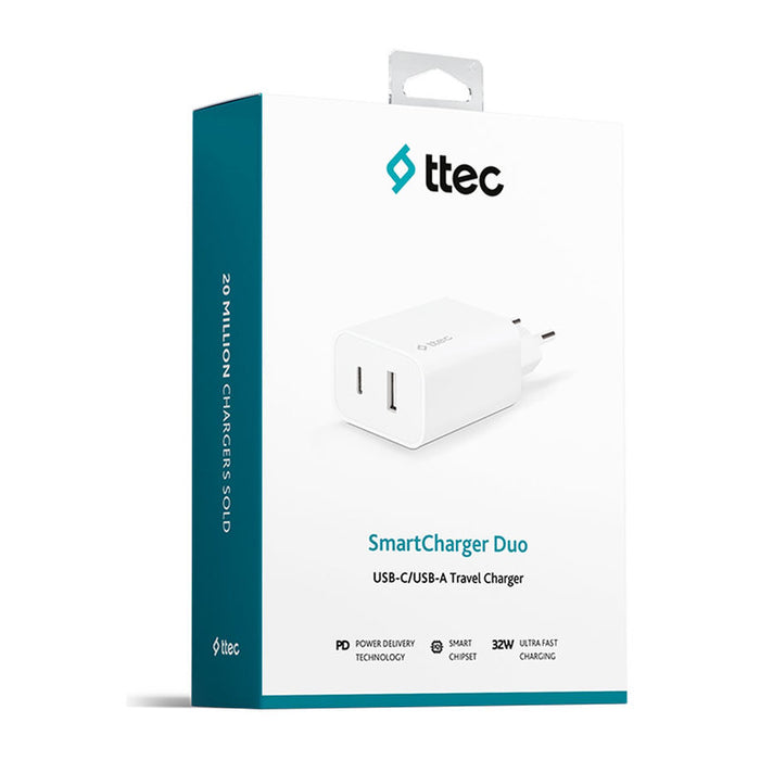ЗАРЯДНО 220V TTEC DUO 32W PD WHITE
