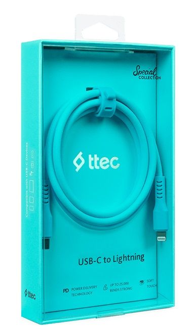 Кабел ttec - Data, USB-C/Lightning, 1.2 m, Neon Blue