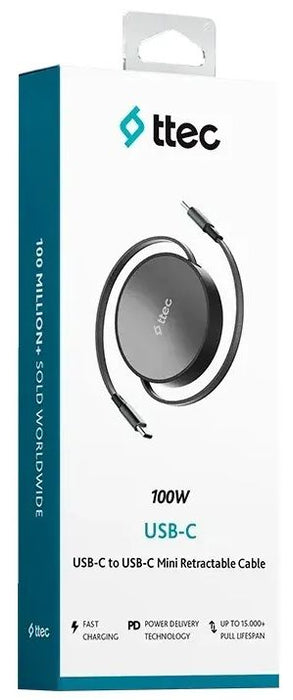 Кабел ttec – Mini Retractable, 100W, USB-C/USB-C, черен