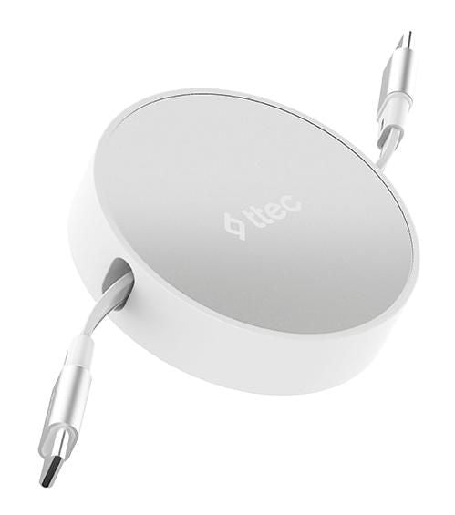 Кабел ttec – Mini Retractable, 100W, USB-C/USB-C, бял