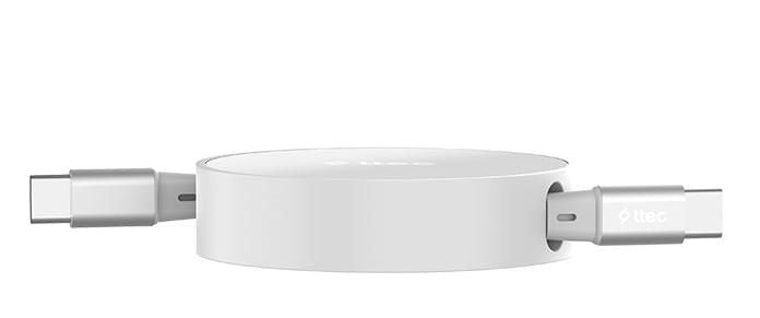 Кабел ttec – Mini Retractable, 100W, USB-C/USB-C, бял