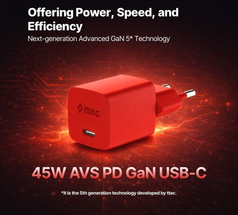 Зарядно устройство ttec - SmartCharger, 45W, USB-C, червено