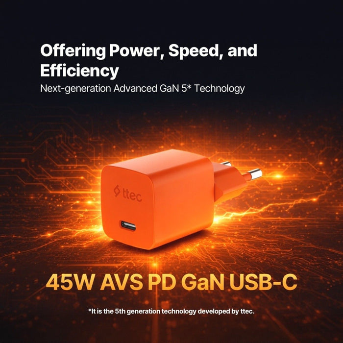 Зарядно устройство ttec - SmartCharger, 45W, USB-C, оранжево