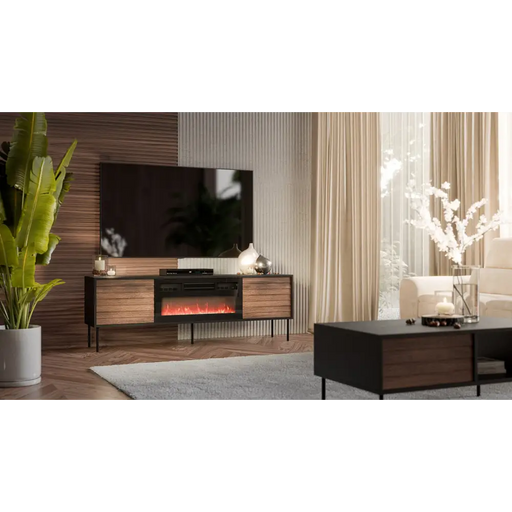 ТВ шкаф Cama CORTINA 180x40x60 черен/орех + черна камина