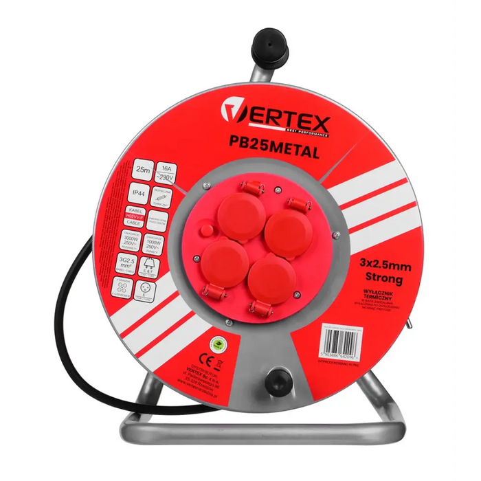 Удължителен кабел VERTEX PB25METAL 3x2,5 mm Черен