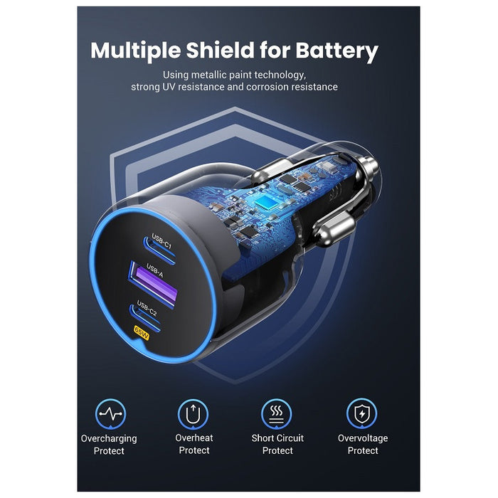 ЗАРЯДНО ЗА КОЛА 2xUSB-C+1xUSB A,75W EC703 UGREEN