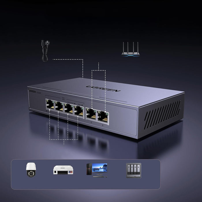 Ugreen 6-портов 1Gb/s Ethernet комутатор с PoE - сив