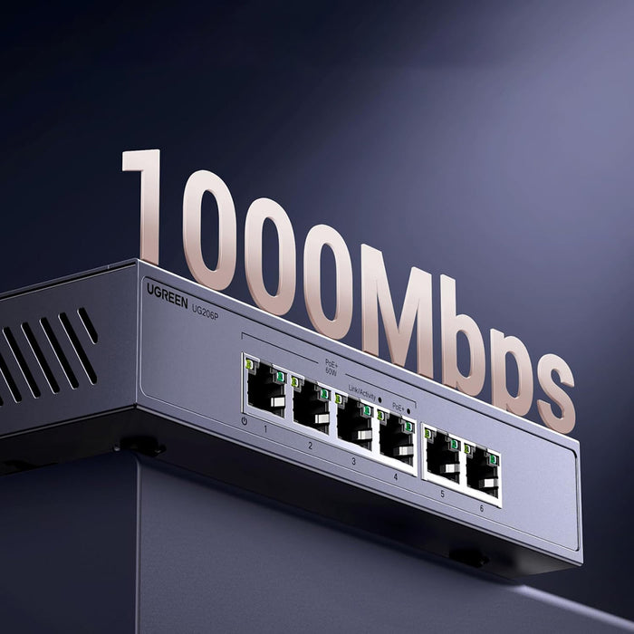 Ugreen 6-портов 1Gb/s Ethernet комутатор с PoE - сив