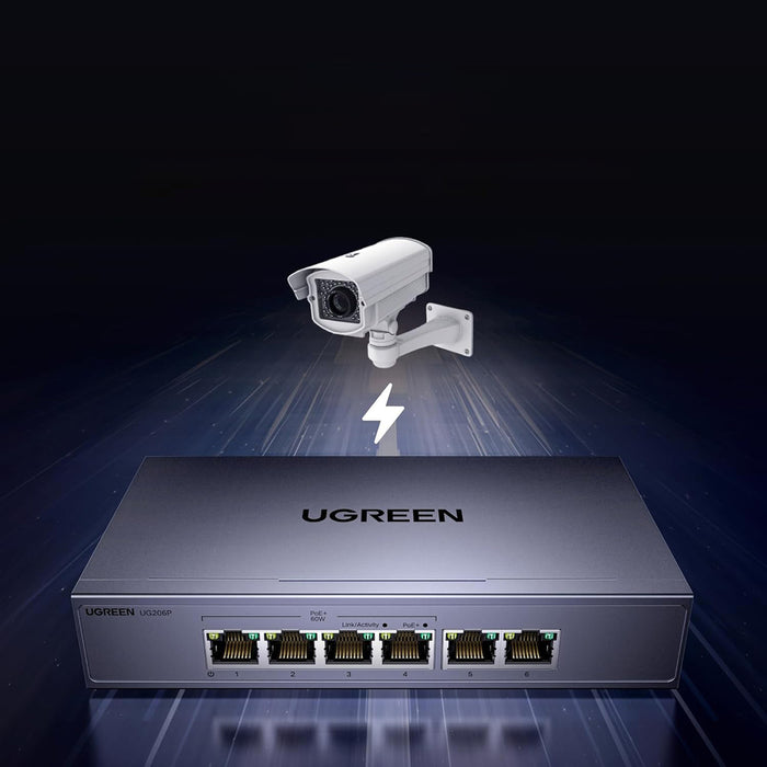Ugreen 6-портов 1Gb/s Ethernet комутатор с PoE - сив